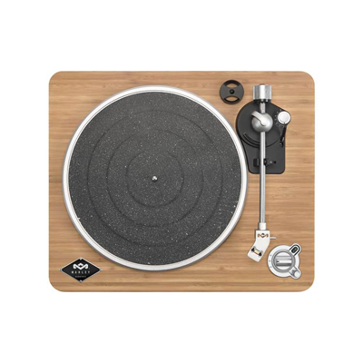 HOUSE OF MARLEY<sup>&reg;</sup> Stir It Up Turntable - Traditional turntable design made with rich materials. The belt drive provides quality sound and auto start feature. Plays both 45 and 33 records. Built-in pre-amp to sync with your House of Marley speakers. Features a 3.5mm Headphone jack and USB to PC Recording.